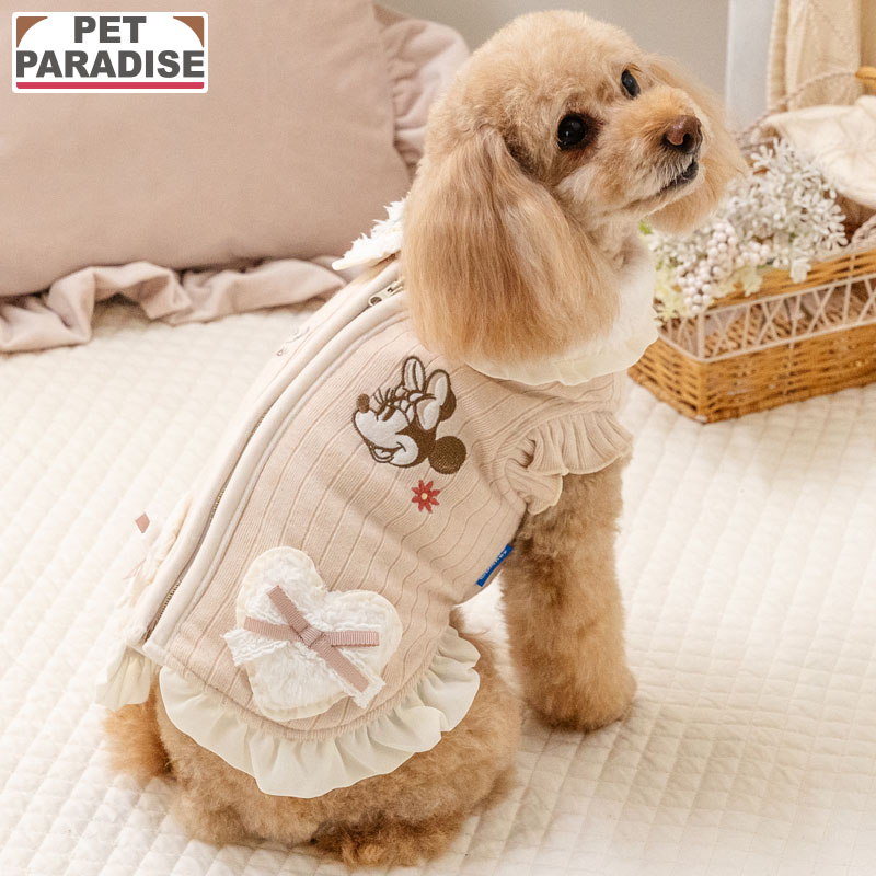 【880円OFF】ディズニー ミニーマウス 犬 服 冬 襟付き ジップ ベスト 小型犬 | 背中開き 着せやすい ブランド カジュアル おしゃれ かわいい かっこいい ホワイト お花 フリル