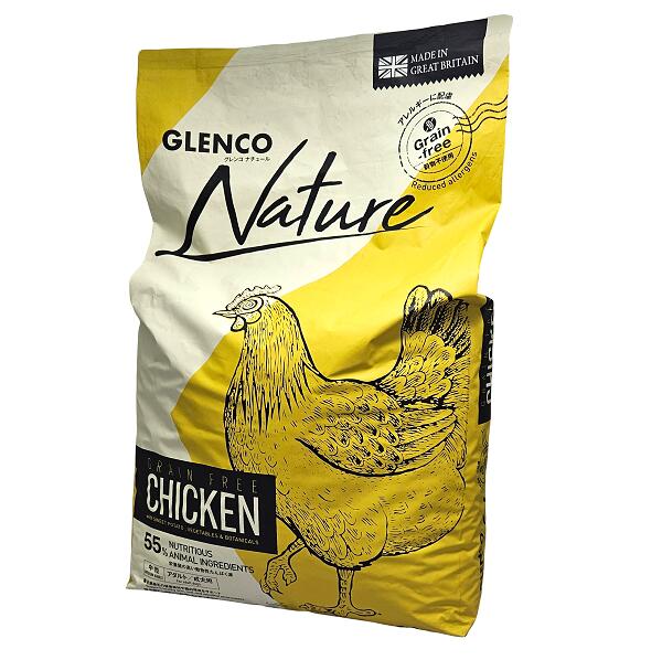 グレンコナチュール グレインフリー アダルトチキン 中粒 12kg GLENCO NATURE イギリス産の高品質ドッグフードチキン生肉など良質な動物性原材料55パーセント以上使用 全犬種 アダルト／成犬用 総合栄養食 国内正規品【送料無料 但し、北海道・沖縄県除く】