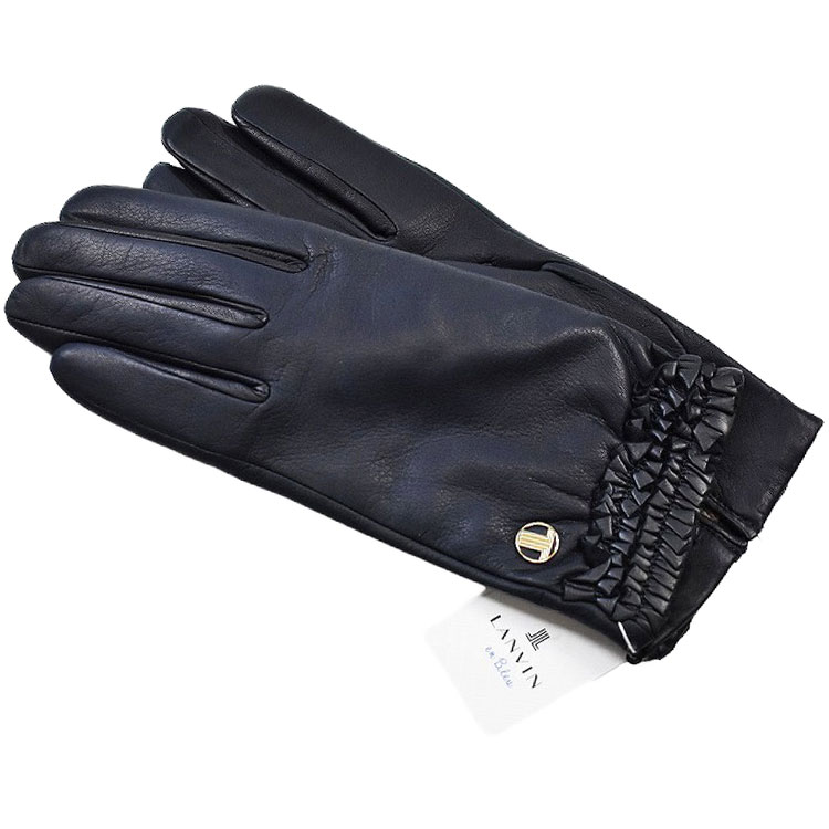 ランバン オン ブルー 手袋 レディース ブランド LANVIN en Bleu ラムレザー フリル デザイン ウール カシミヤ混 紺 ネイビー 20cm 21cm 女性 婦人 グローブ 防寒 n1n｜プチショコラ