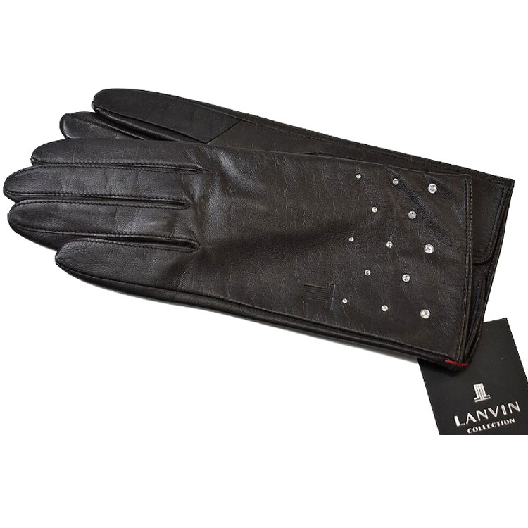 ランバン コレクション 手袋 レディース ブランド LANVIN COLLECTION ラムレザー ラインストーン デザイン スマホ対応 濃茶 ダーク ブラウン 20cm 21cm 女性 婦人 グローブ 防寒｜プチショコラ