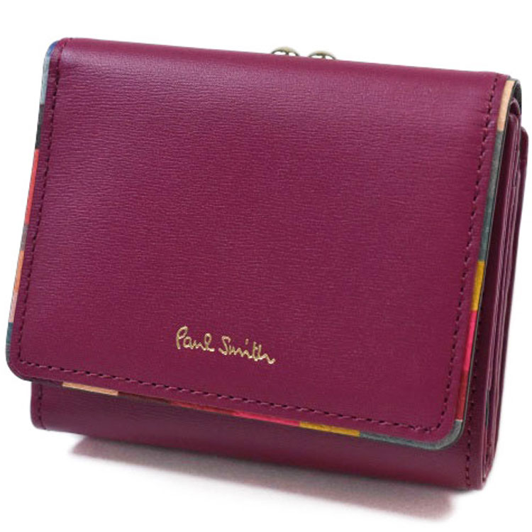 ポールスミス ミニ財布 三つ折り がま口 財布 レディース ブランド Paul Smith スワールトリム 専用箱付 ラズベリー パープル 女性 婦人 本革 コンパクト PWD953