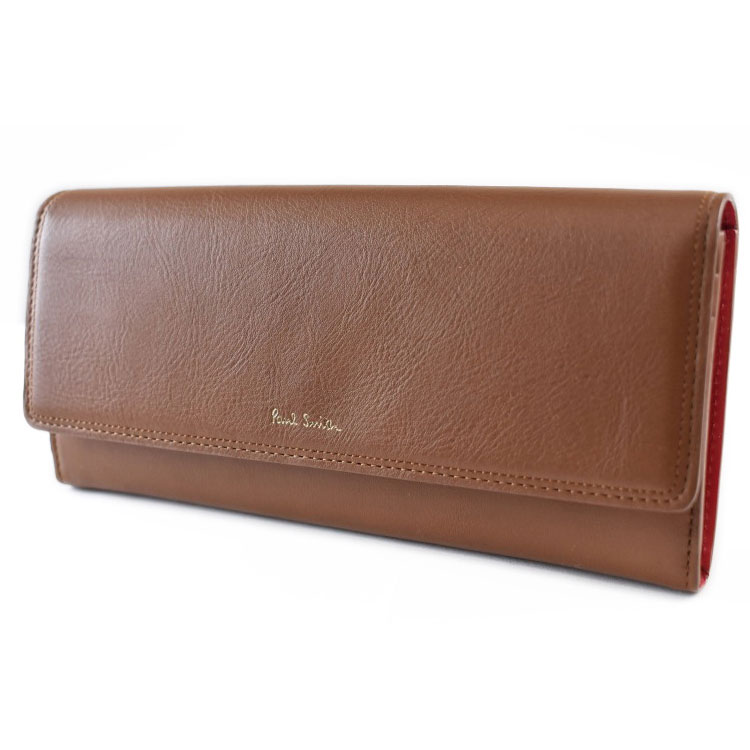 ポールスミス 長財布 財布 レディース ブランド Paul Smith ダブルステッチディテール フラップ 専用箱付 キャメル ブラウン 女性 婦人 本革 BPW096