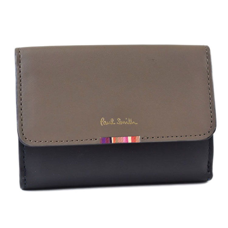 ポールスミス 三つ折り財布 財布 レディース ブランド Paul Smith クロスオーバーストライプタブ かぶせ コンパクト財布 専用箱付 ネイビー 紺 女性 婦人 本革 PWD943