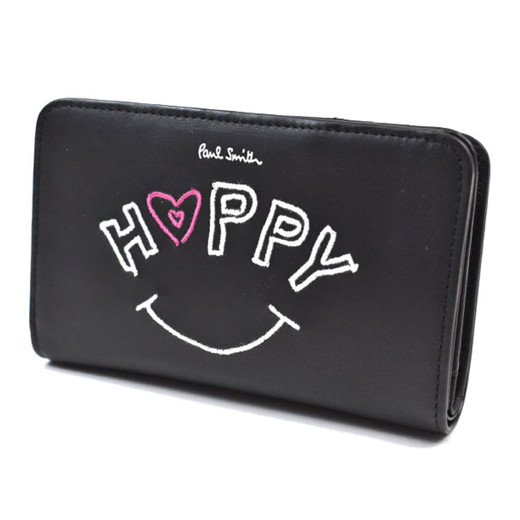 極点スミス 二つ折り 紙入れ レディース ブランド名 Paul Smith 刺しゅう HAPPY L字ジッパー 専用箱付 黒 黒いこと 成人女性 成人女性 本革 BPW232