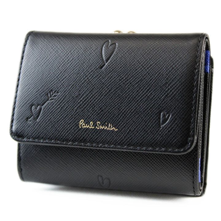 極点スミス ミニ紙入れ 三つ折り 紙入れ パウダーコンパクト レディース ブランド名 Paul Smith スミシーハート2 下げ翼 金入れ 専用箱付 黒 黒いこと 成人女性 成人女性 本革 PWD797