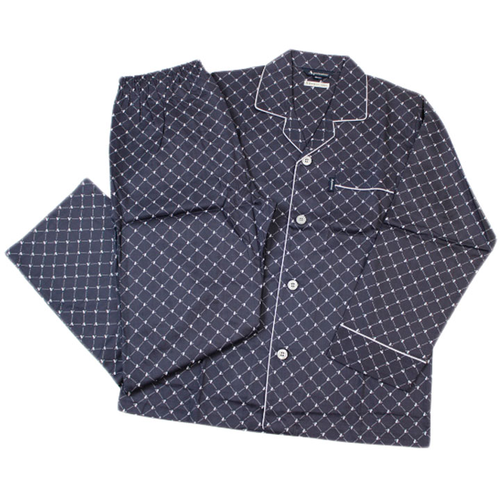 アクアスキュータム パジャマ メンズ 長袖 前開き 綿100 上下セット ナイトウェア ブランド Aquascutum サテン モノグラム プリント 濃紺 ダーク ネイビー ロングパンツ ホームウェア テーラード M L LL 春 夏 秋 プレゼント ギフト おしゃれ 男性 紳士 日本製