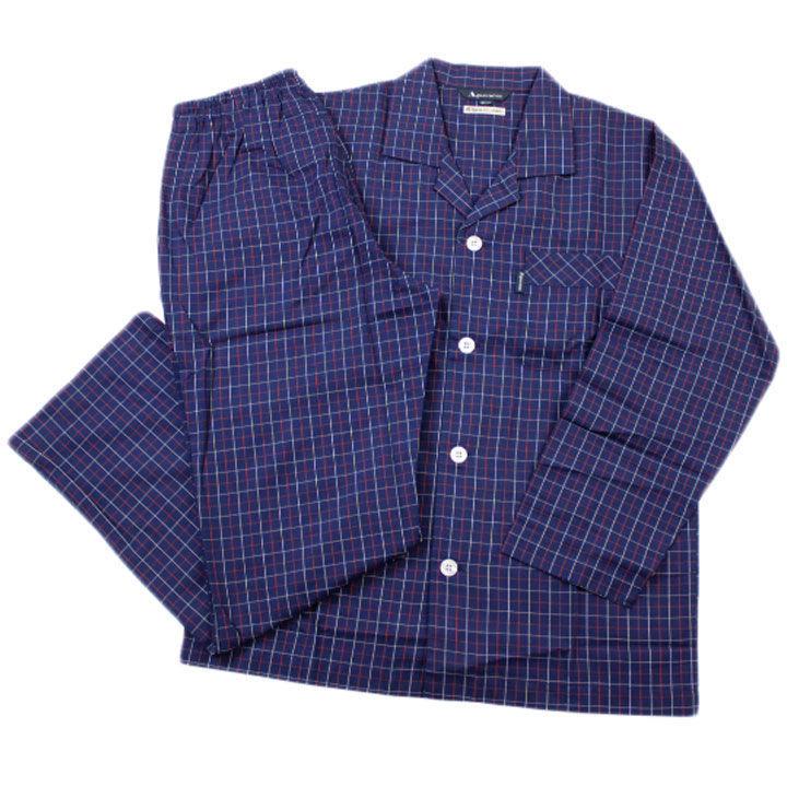 アクアスキュータム パジャマ メンズ 長袖 前開き 綿100 上下セット ナイトウェア ブランド Aquascutum チェック 紺 ダークネイビー 白 ホワイト 赤 レッド ロングパンツ ホームウェア テーラード M L LL 春 夏 秋 プレゼント ギフト おしゃれ 男性 紳士 父の日 新品 日本製
