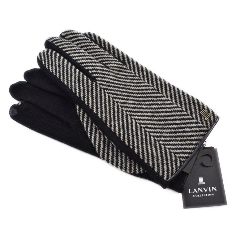 ランバン コレクション 手袋 メンズ ブランド LANVIN COLLECTION ウール混 ヘリンボーン デザイン スマホ対応 黒 ブラック グレージュ 23-24cm 男性 紳士 20代 30代 40代 50代 プレゼント ギフト おしゃれ グローブ 防寒