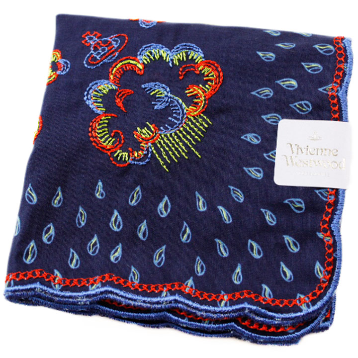ヴィヴィアン ウエストウッド 刺繍 ハンカチ レディース 綿 高級 ブランド ハイブランド Vivienne Westwood スカラップ 虹 ネイビー オーブ 母の日 20代 30代 40代 50代 60代 70代 プレゼント ギフト おしゃれ かわいい 大人 日本製 ホワイトデー ハンカチーフ ポイント消化