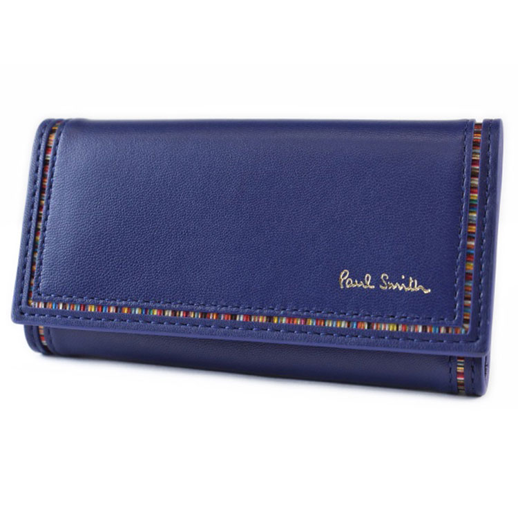 ポールスミス キーケース 4連 メンズ ブランド Paul Smith ストライプ インセットディテール 専用箱付 青 ブルー 男性 紳士 本革 BPS271