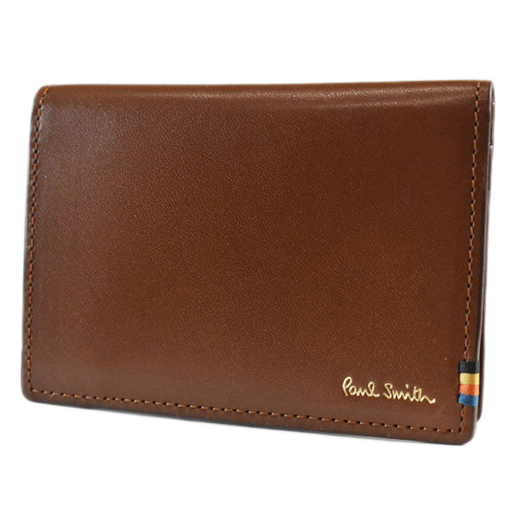 ポールスミス カードケース パスケース 定期入れ メンズ ブランド Paul Smith ストライプステッチタブ 二つ折り 専用箱付 ブラウン 茶 男性 紳士 本革 PSC831