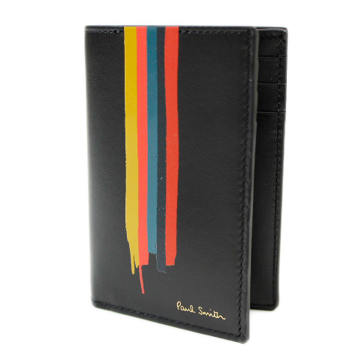 ポールスミス カードケース メンズ ブランド Paul Smith ペインテッド アーティスト ストライプ イタリア製 二つ折り 専用箱付 黒 ブラック 20代 30代 40代 50代 60代 男性 紳士 本革 新品 VPS771 訳あり