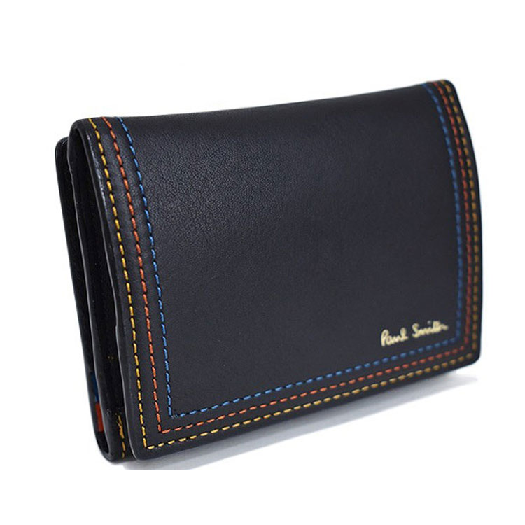 ポールスミス ミニ財布 二つ折り 財布 コインケース カードケース 小銭入れ メンズ ブランド Paul Smith ストライプ ステッチ 黒 男性 紳士 コンパクト財布 本革 レザー コンパクト おしゃれ 小銭入れあり 20代 30代 40代 50代 ギフト プレゼント PSC690｜プチショコラ