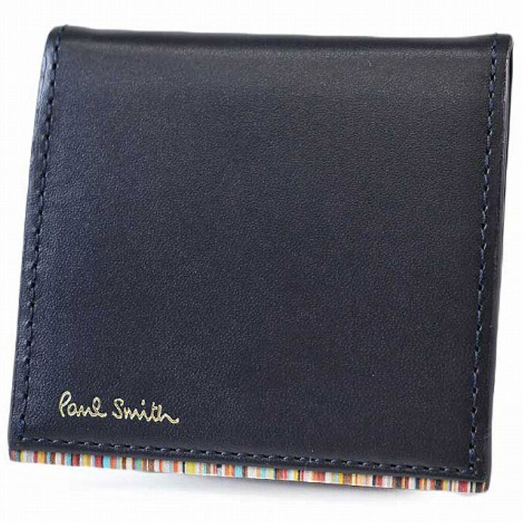 ポールスミス 小銭入れ コインケース ミニ財布 ボックス型 メンズ ブランド ポール・スミス Paul Smith ストライプポイント2 専用箱付 濃紺 ネイビー 男性 紳士 コンパクト財布 本革 PSC750 訳あり