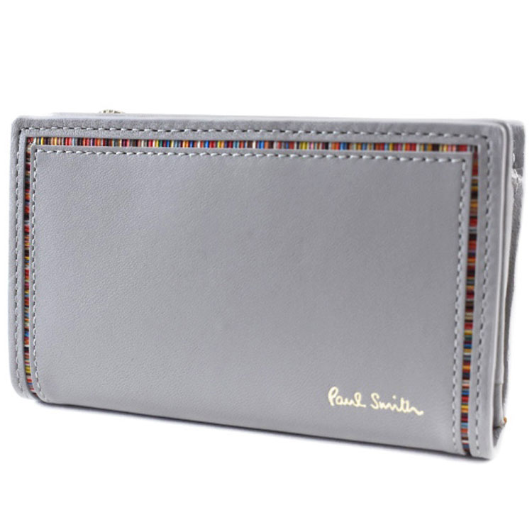 ポールスミス 小銭入れ キーケース 4連 コインケース メンズ ブランド Paul Smith ストライプ インセットディテール ファスナー 専用箱付 ライト グレー 男性 紳士 本革 BPS276｜プチショコラ