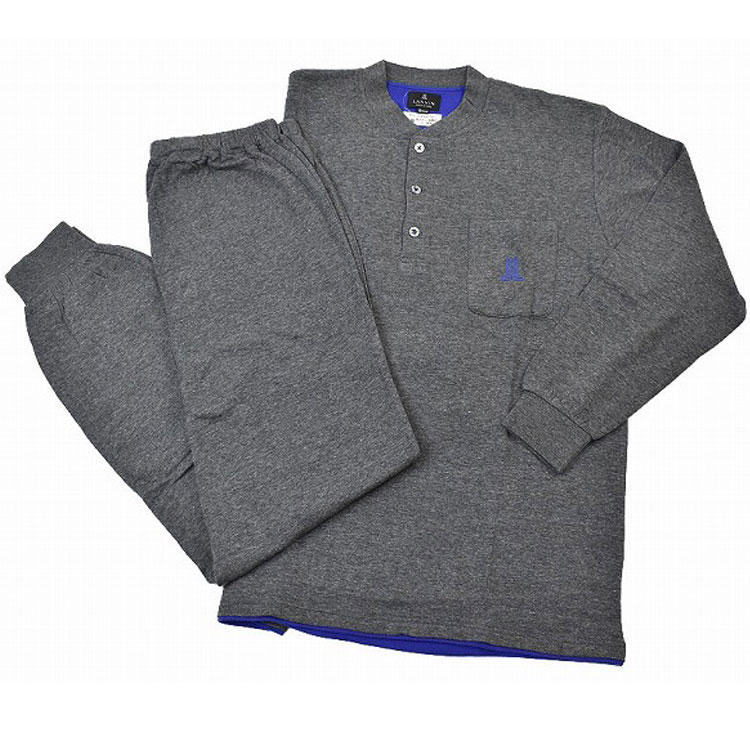 ランバン コレクション パジャマ メンズ ブランド LANVIN COLLECTION 杢 グレー &times; 青 ブルー 長袖 ロングパンツ ヘンリーネック 上下 セット セットアップ ルームウェア ホームウェア M L LL サイズ 男性 紳士 プレゼント ギフト おしゃれ 父の日 実用的｜プチショコラ