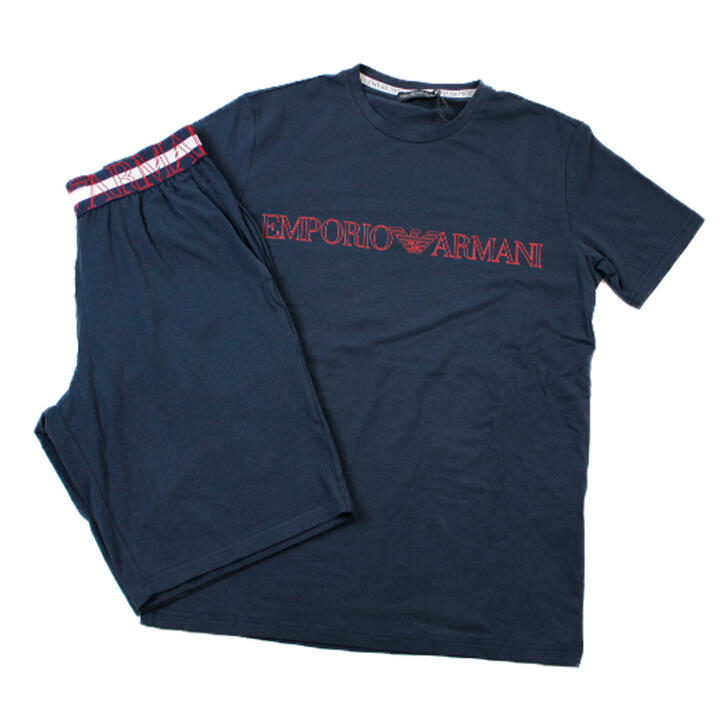 【新古品】エンポリオ アルマーニ 半袖 短パン セットアップ メンズ ブランド EMPORIO ARMANI 半袖 クルーネック Tシャツ 短パン 上下セット 紺 ネイビー ルームウェア ホームウェア S M サイズ 男性 紳士 父の日｜プチショコラ
