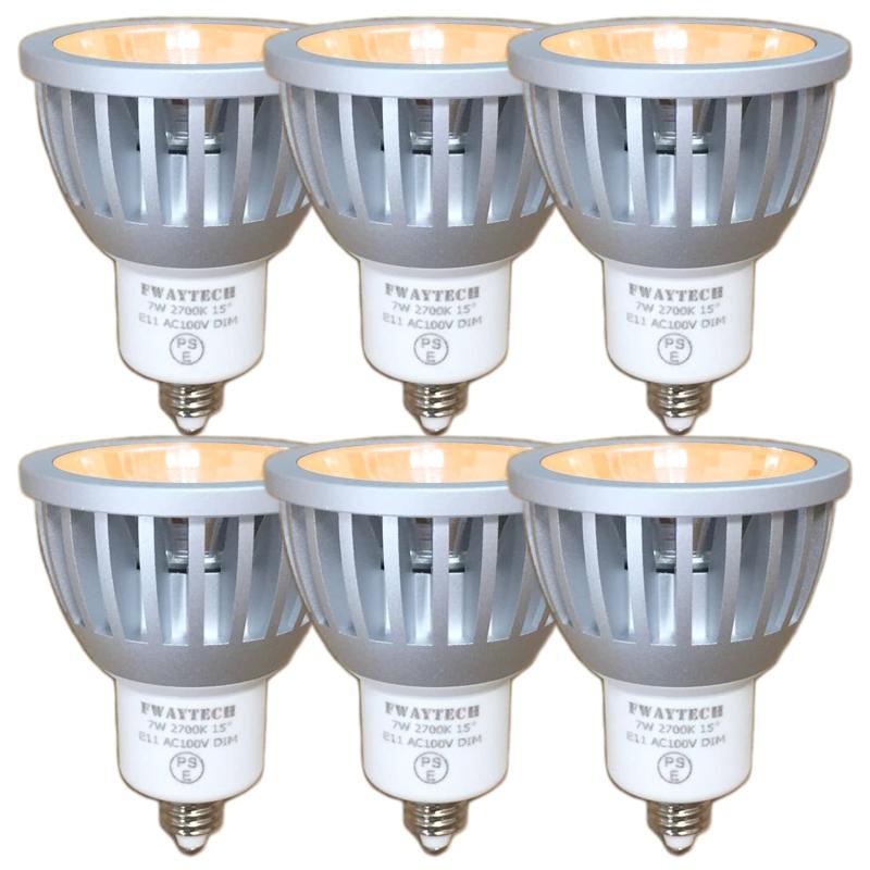 Fwaytech LEDスポットライト E11 狭角 調光対応 COB7W ダクトレールLED ハロゲン電球形 60W～75W相当 狭角15度 密閉器具対応 ダイクロハロゲン 6個セット (電球色相当(2700K), 本体銀 (狭角15度) E11口金