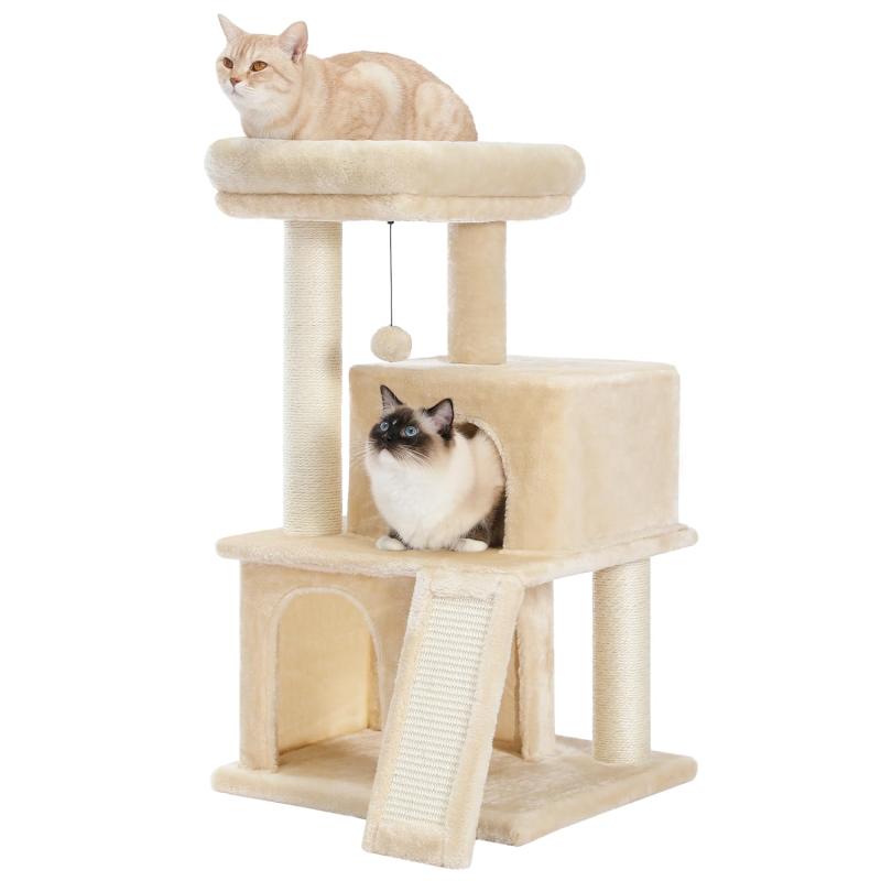PAWZ Road - キャットタワー ミニ 小型 シニア 猫タワー 低い 猫 2段ベッド スリム コンパクト 据え置き おもちゃ 多頭飼い 麻紐 猫の家 爪とぎポール スロープ 省スペース 子猫 安定性 高さ86cm