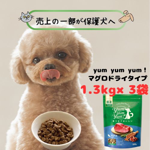 【売上の一部が保護犬へ】yum yum yum! ヤムヤムヤム マグロ ドライタイプ 1.3kg×3袋 犬用 ドッグフード ドライ 国産 ノンオイルコーティング 小粒 超小型犬 オールステージ 全年齢 成犬 アダルト シニア 子犬 パピー フィッシュ 魚 プレミアムフード|ペットライフポッター店
