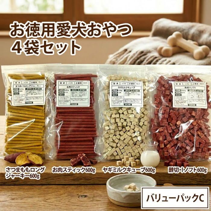 犬 おやつ お徳用愛犬おやつ４袋セット バリューパックＣ ソフト さつまいもロングジャーキー お肉スティック ヤギミルクキューブ 角切りソフトドッグフード ジャーキー ペット 芋 さつまいも さつま芋 薩摩芋 柔らかい まとめ買い 山羊 国産 送料無料