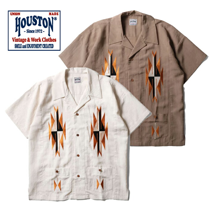 HOUSTON 41331 LINEN CHIMAYO S/S SHIRT【ヒューストン リネンチマヨ半袖プルオーバー】メンズ レディース ミリタリー アウトドア 心地よい刺しゅうプルオーバー チマヨ柄 難民キャンプ デイリー若い衆 普段使い走り 半袖 刷り上げるプルオーバー 真四角とり捨てる オープンカラーシャツ