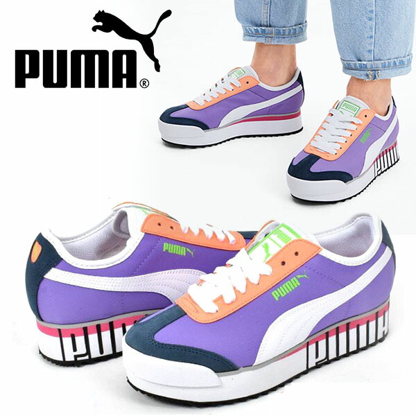 楽天市場 100円offクーポン配布中 40 Off 送料無料 厚底4cm スニーカー プーマ Puma レディース ローマ アモーレ ロゴ ウィメンズ シューズ 靴 パープル 紫 あす楽対応 Ray Green