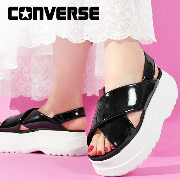 31%OFF 送料無料 コンバース 厚底 サンダル レディース CONVERSE CHEWY チューイー PC クロスベルト 厚底サンダル シンセティックレザー シューズ 靴 黒 シャイニーブラック