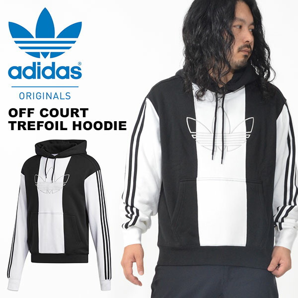 長袖スウェットパーカーadidasORIGINALSアディダスオリジナルスメンズOFFCOURTTREFOILHOODIEトレーナープルオーバーフーディーフーディビッグロゴ3本ライン2019秋新作GDG54