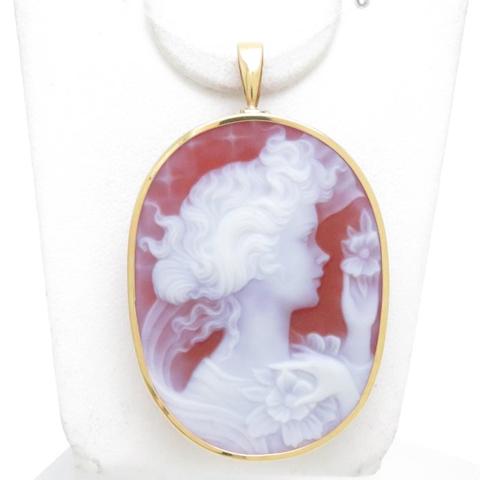 クーポン対象外 カメオ ブローチ ペンダントトップ 2way 兼用 女性モチーフ レッド系 K18yg イエローゴールド Fucoa Cl