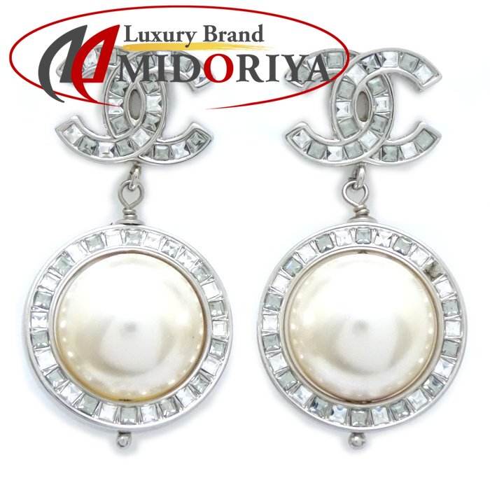 美品　希少　シャネル　片耳ピアス　A22S ラインストーン　シルバー CHANEL（シャネル） ココマーク ラインストーン フープ スタッド 片耳