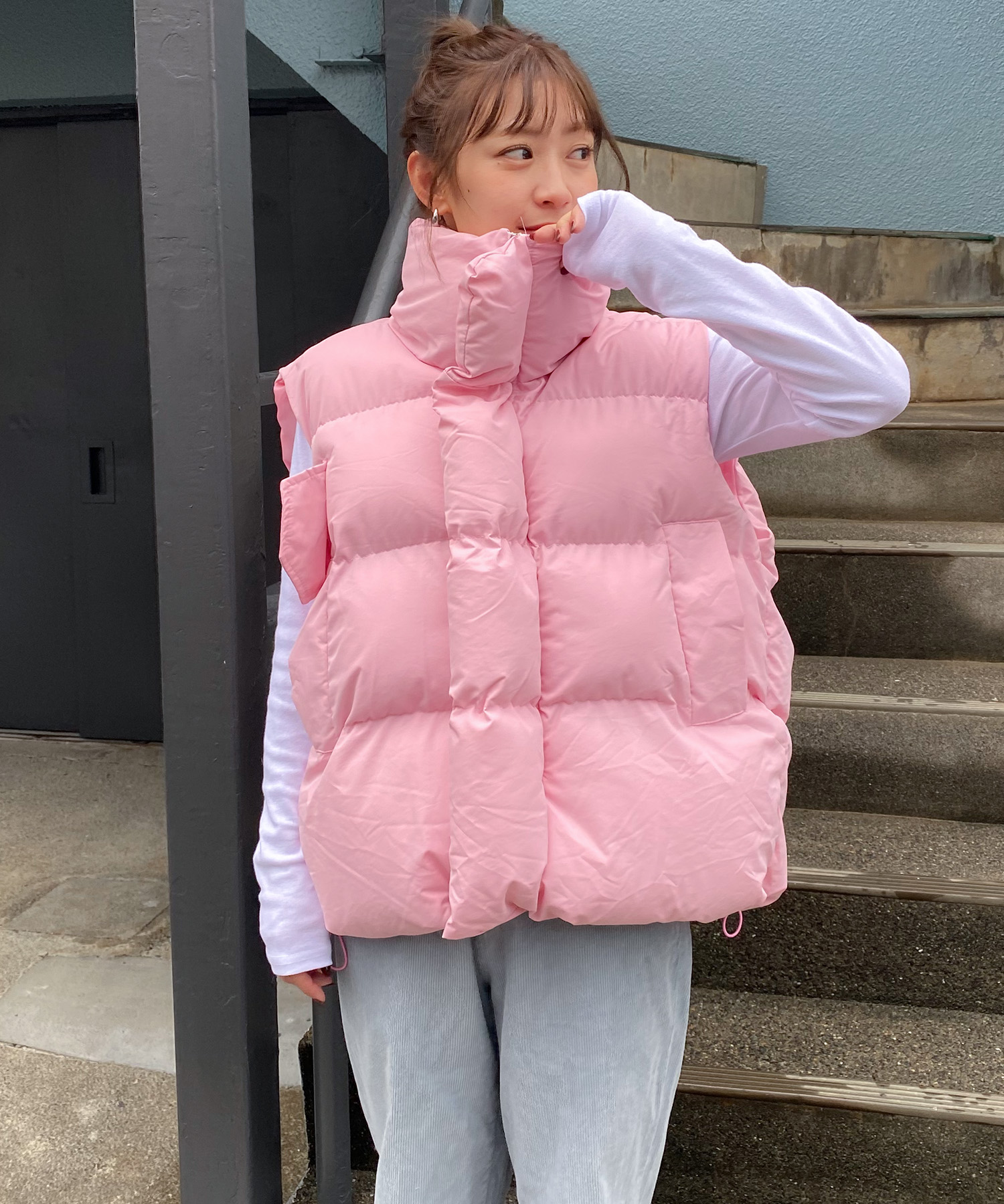 A】BIG中綿ベスト ボリュームベスト オーバーサイズ 中綿 フェイク