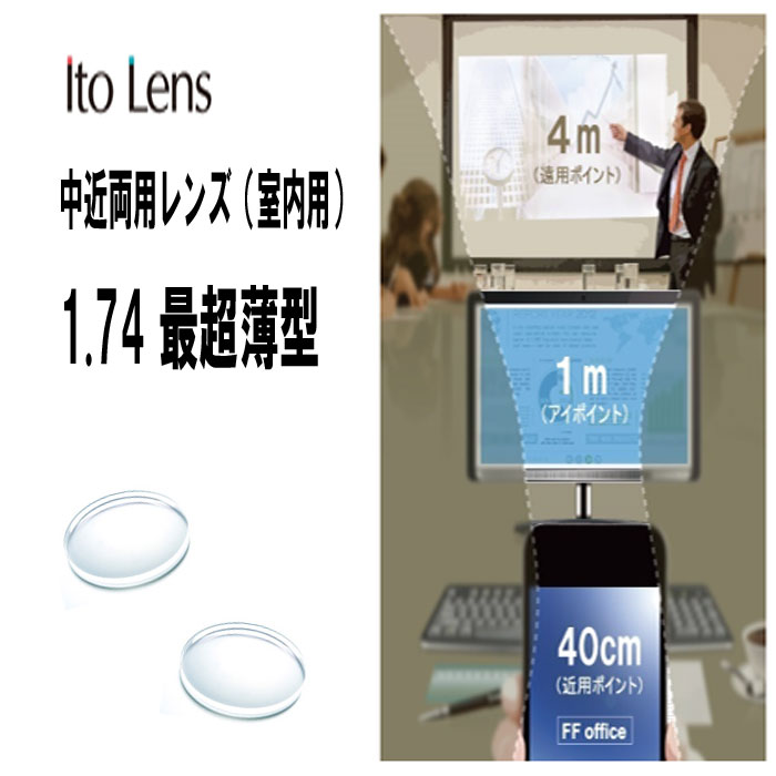 中近両用 イトーレンズ 眼鏡レンズ 中近内面累進 超高屈折1.74 紫外線UVカット400 撥水コート FFオフィス74（最超薄型）2枚１組