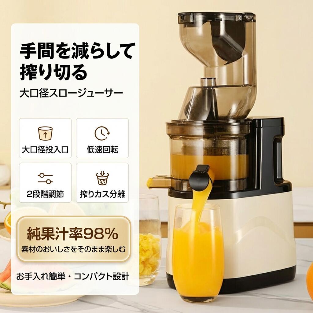 【手間を減らして搾り切る】スロージューサー 小型 大容量 低速回転 ミニジューサー 大口径 2段階調節 搾りカス分離 酵素 ビタミン フルーツ 野菜 ジュース ミキサー お手入れ簡単 コンパクト 鮮度キープ ポイント消化 プレゼント ギフト 人気 おすすめ 母の日 父の日｜ピースセレクト