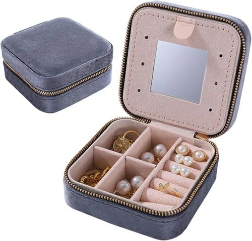 ジュエリーボックス アクセサリーケース ジュエリー収納 鏡付き 宝石箱 ミニ 携帯用 おしゃれ コンパクト 持ち運び 小物入れ ピアス ネックレス リング 指輪置き 女の子 女性用 グレー 10×10
