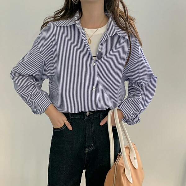 シャツ レディース 春夏秋 長袖 前ボタン ロング丈 ポリエステル ストライプ シンプル ゆったり 赤 Letempslev K7a Com