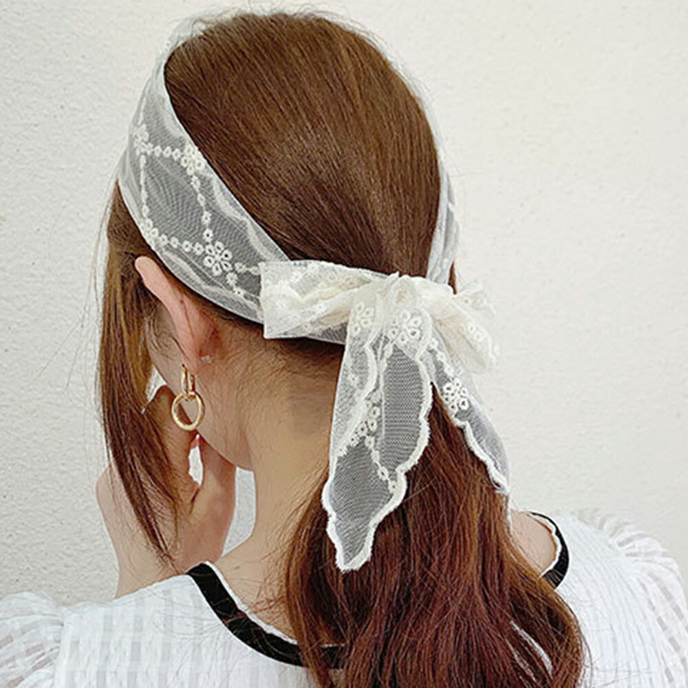 楽天市場 レースリボン レディース 春夏秋冬 スカラップ縁 スカーフ ヘアバンド ポリエステル 3way チュール 白 ピアス イヤリング カラコンpiena