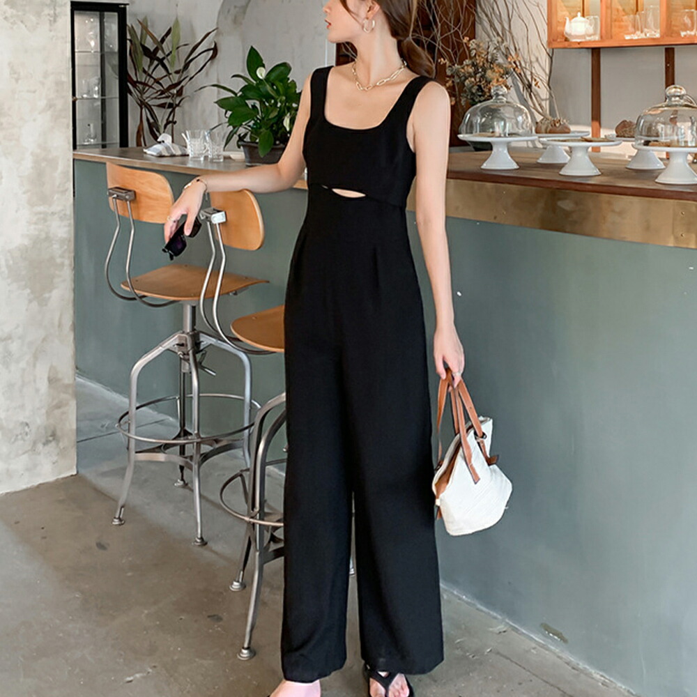 スーパーセール サロペットパンツ レディース 秋冬 タンクトップ ワイドレッグ ロング丈 後ろファスナー ポリエステル 黒 Cmdb Md