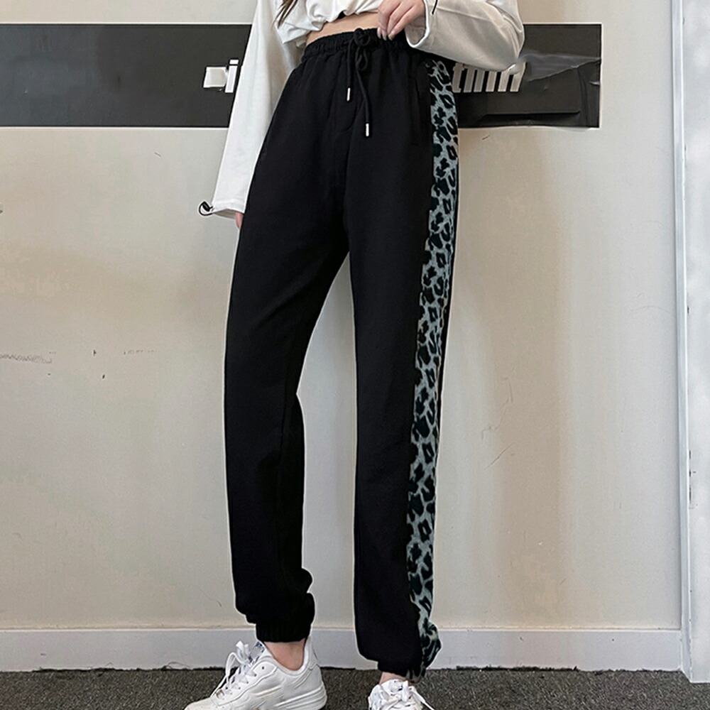 スウェットパンツ レディース ウエストゴムと紐 ヒョウ柄 ポリエステル ロング丈 秋冬 絞った裾 黒 21高い素材 秋冬