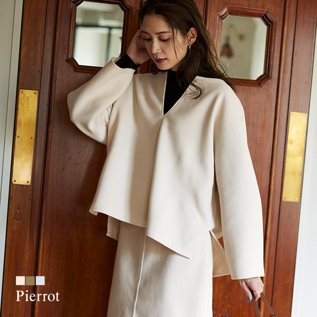 フェイクウールドルマンプルオーバー プルオーバー ドルマン ゆったり セットアップ可能 キーネック 上品 白 Pierrot レディース ピエロ 秋 ブルー 入荷中 体型カバー ブラウン