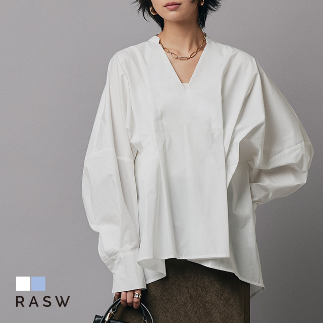 [RASW]ウエストタックボリュームブラウス ☆ ウエストタック ブラウス ボリューム袖 Vネック 綿混素材 シャツ襟 ハリ感 タックデザイン 抜け感 フレアシルエット ピエロ 送料無料