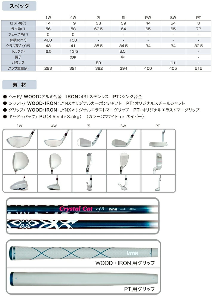【エレガントで初心者に優しいクラブセット】【送料無料】【正規販売店】リンクスLYNXクリスタルキャットレディース女性ゴルフクラブハーフセットCrystalCatef3SET(L)7本組(1W,4W,7I,9I,PW,SW,PT)キャディバッグ付きゴルフ初心者セット