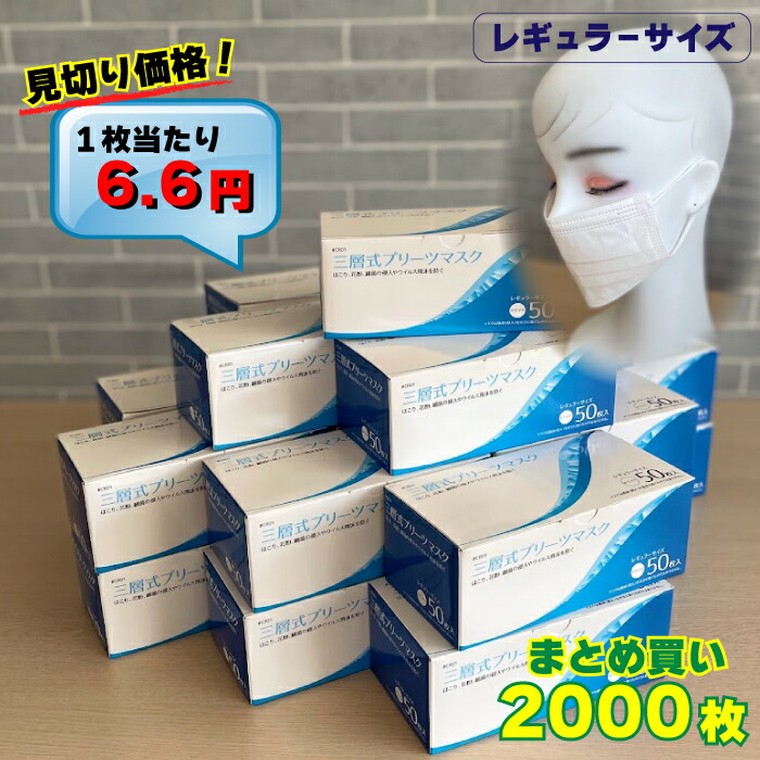 ＼見切り価格でご提供!!1枚あたり6.6円／ 三層式 不織布 マスク 50枚×40箱 (レギュラー) ホワイト 大人用 ウイルスブロック PM2.5 花粉 99％ 高密度フィルター 使い捨てマスク 花粉対策 飛沫防止 まとめ買い ストック 東洋産業 地域産品