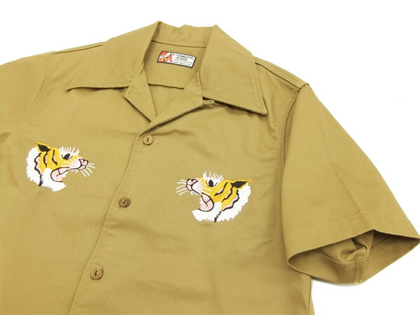 安価返品ok 虎 サムライジーンズ 刺繍 メンズ 爆裂爛漫娘 半袖シャツ オープンカラー スカシャツ サムライジーンズ スカシャツ Ssk17 Eb カーキ 新品 パインアベニュー洋品店