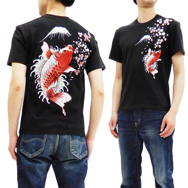 Mens T-Shirt Japanese Pattern Embroidery Short Sleeve Tee Carp Koi Black White