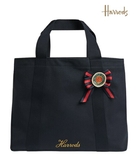 [Harrods]ハロッズ 並み並み 綿織物帆布 ブリティッシュロゼット トートバッグ ／ 貨物輸送無料 ／ 連合王国 ブランド名 御徒面子 ロゼット ビーズ ゴールド 刺しゅう 差し上げ物