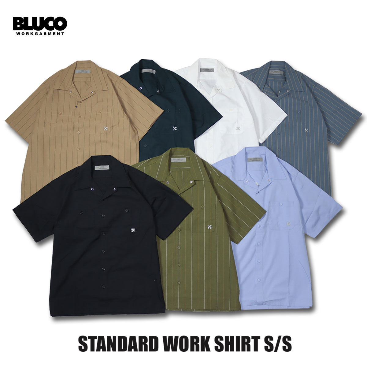 送料無料!!BLUCO(ブルコ)OL-108-023 STANDARD WORK SHIRT S/S 7色(NVY/BLK/L.BLU/WHT/OLV.STP/BEG.STP/S.BLU.STP)