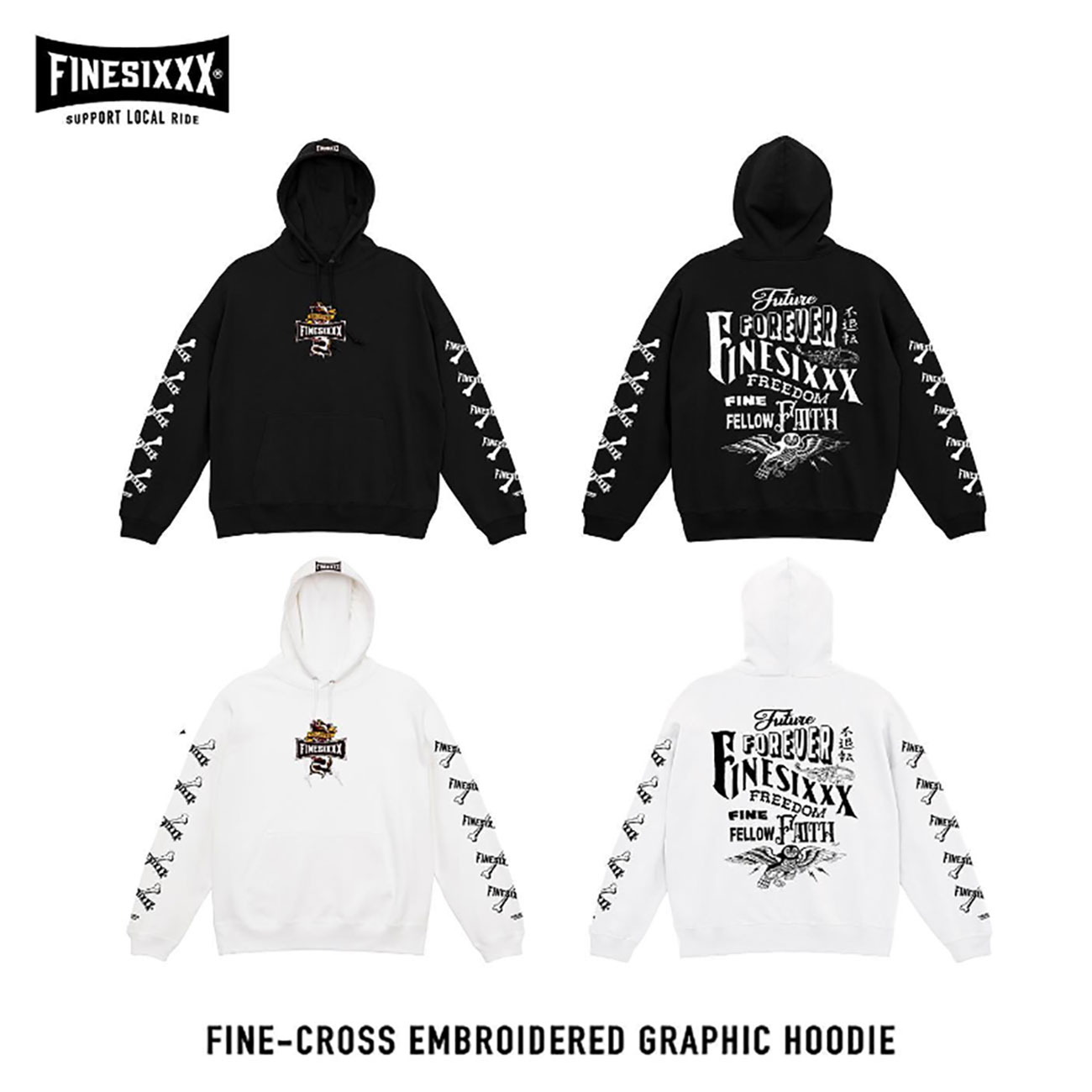 ☆貨物輸送無料大売り出し通貨価値!!☆FINESIXXX(ファインシックス) FINE-CROSS EMBROIDERED GRAPHIC HOODIE 2色(BLACK/WHITE)