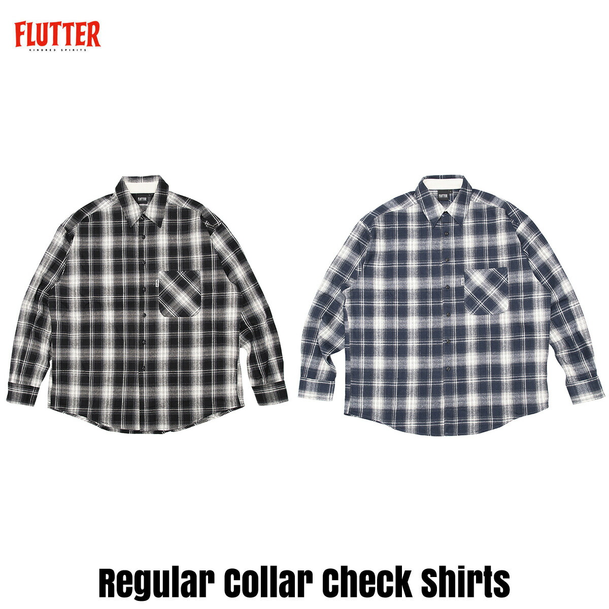 ☆貨物輸送無料大売り出し通貨価値!! FLUTTER(フラッター) Regular Collar Check Shirts 2色(BLACK/NAVY)