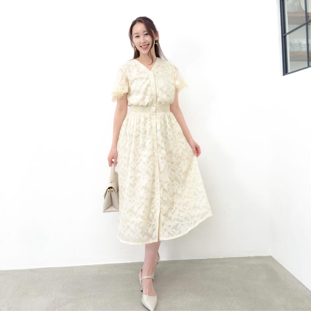 【Pinup Closet】カットジャガードワンピ レディース ショート ロング 大人 かわいい きれいめ Vネック Aライン レース ウエスト ゴム 大容量 ポケット おしゃれ 洗える シワになりにくい イージーケア 裏地 アイボリー ネイビー ブルー グリーン 春 夏 CINEMATIQ|Pinup Closet